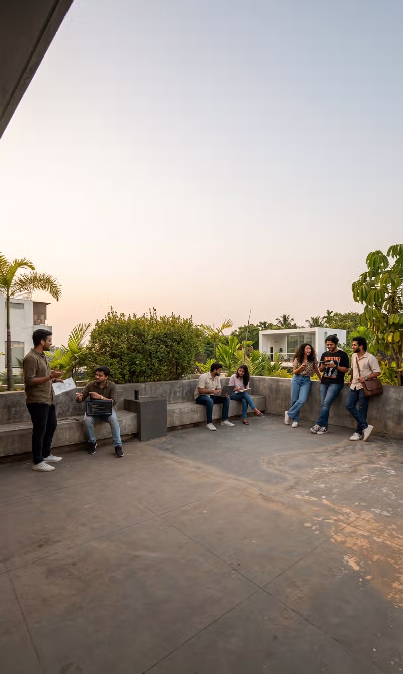 Employees are having a break on the terrace.